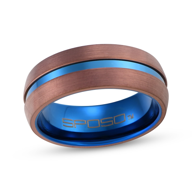 Main Image 1 of Men's Wedding Band Brown & Blue Ion-Plated Tungsten Carbide 8mm