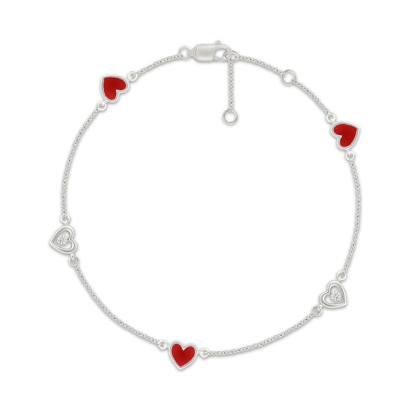 Main Image 1 of Diamond Accent & Red Enamel Heart Station Bracelet Sterling Silver 7.5"