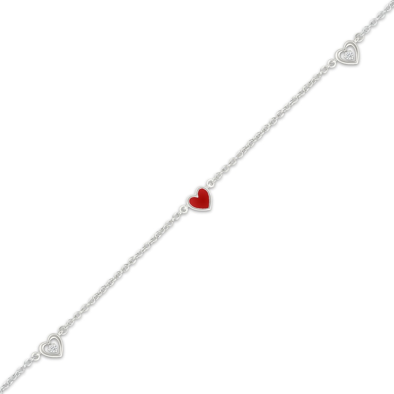 Main Image 2 of Diamond Accent & Red Enamel Heart Station Bracelet Sterling Silver 7.5"