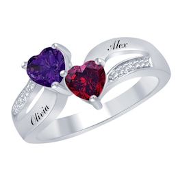 Stacked Hearts Birthstone Couple's Ring (2 Stones and Lines)