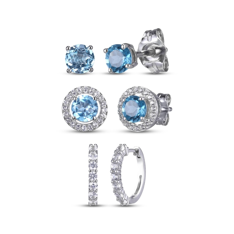 Main Image 1 of Round-Cut Swiss Blue Topaz & White Lab-Created Sapphire Stud & Hoop Earrings Gift Set Sterling Silver