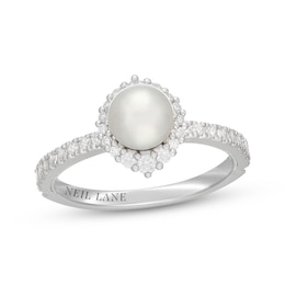 Neil Lane Cultured Akoya Pearl & Diamond Halo Engagement Ring 3/8 ct tw 14K White Gold