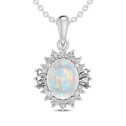 Oval-Cut Lab-Created Opal & White Lab-Created Sapphire Starburst Necklace Sterling Silver 18&quot;