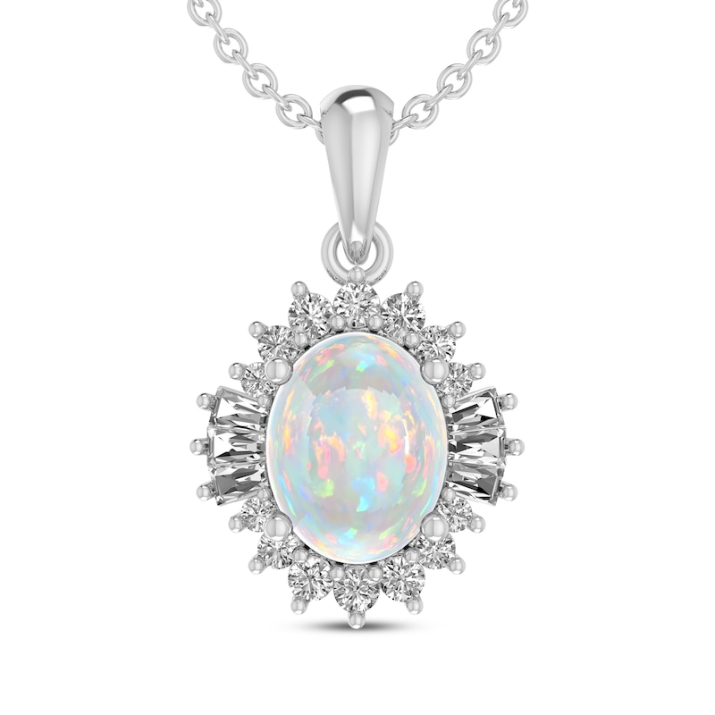 Oval-Cut Lab-Created Opal & White Lab-Created Sapphire Starburst Necklace Sterling Silver 18"