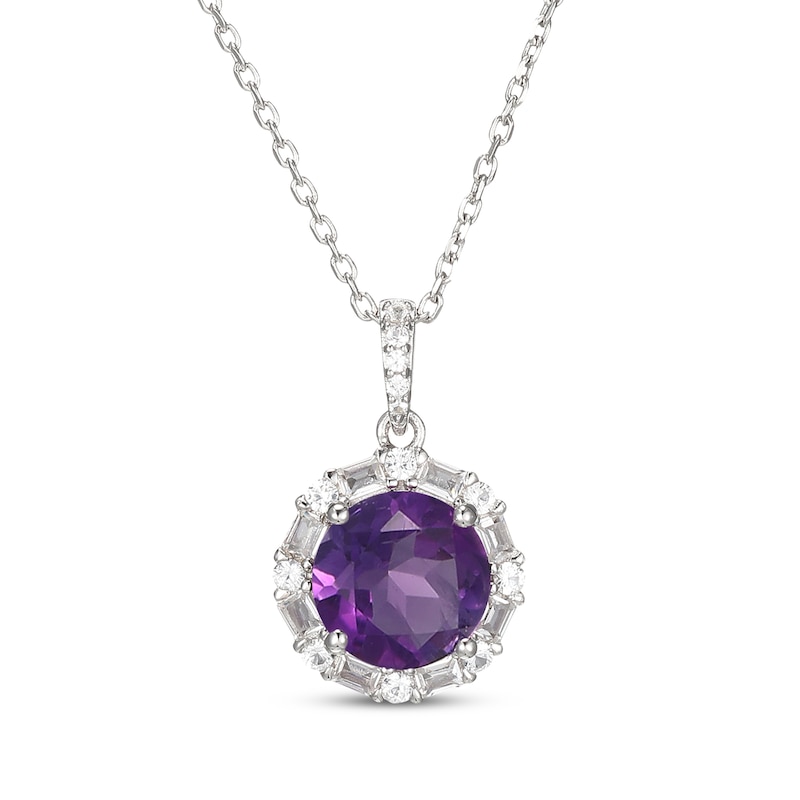 Main Image 1 of Amethyst & White Lab-Created Sapphire Halo Necklace Sterling Silver 18&quot;