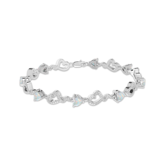 Heart-Shaped Lab-Created Opal & Diamond Accent Heart Link Bracelet Sterling Silver 7.25"