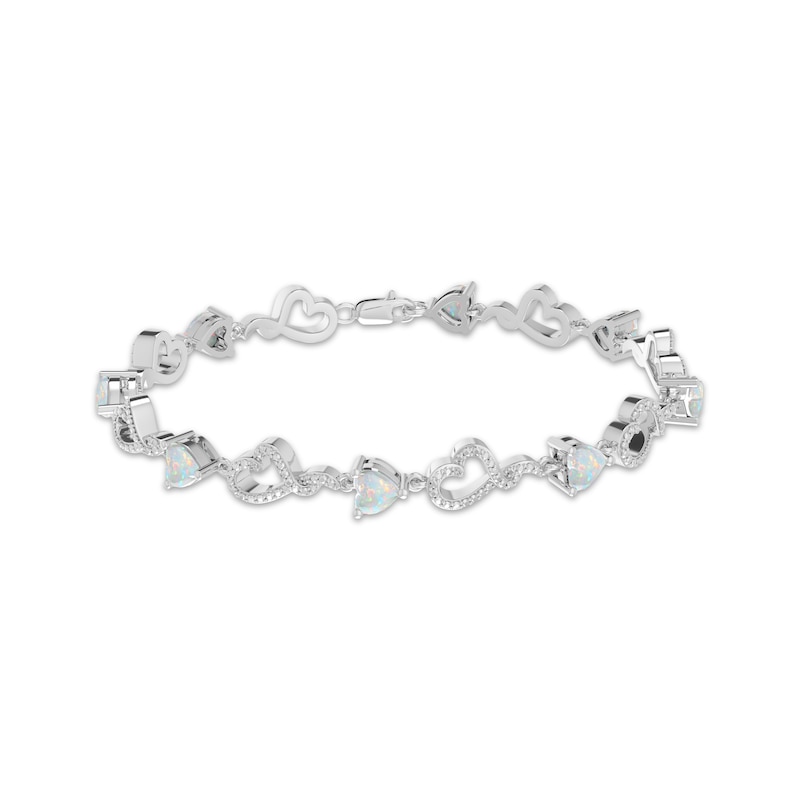 Main Image 1 of Heart-Shaped Lab-Created Opal & Diamond Accent Heart Link Bracelet Sterling Silver 7.25&quot;