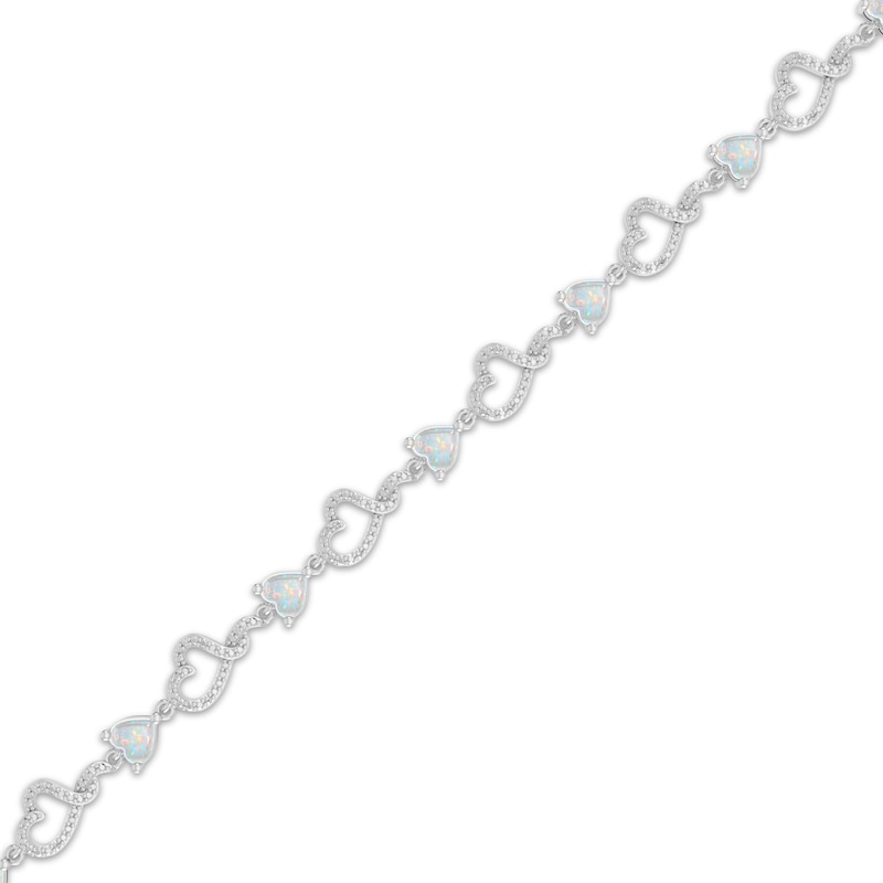 Main Image 2 of Heart-Shaped Lab-Created Opal & Diamond Accent Heart Link Bracelet Sterling Silver 7.25&quot;