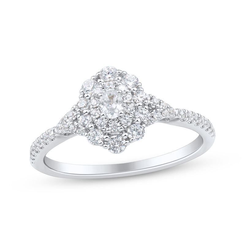 Main Image 1 of Oval-Cut Diamond Double Halo Engagement Ring 1/2 ct tw 14K White Gold