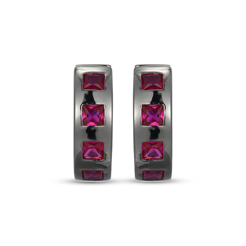 Main Image 2 of Men's Square-Cut Lab-Created Ruby Huggie Hoop Earrings Gunmetal-Plated Sterling Silver