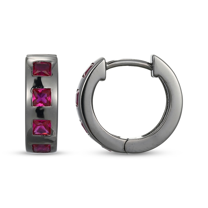 Main Image 3 of Men's Square-Cut Lab-Created Ruby Huggie Hoop Earrings Gunmetal-Plated Sterling Silver