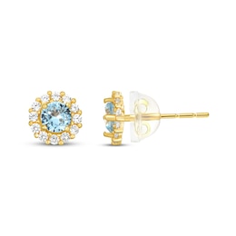 Children's Light Blue & White Cubic Zirconia Halo Stud Earrings 14K Yellow Gold