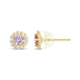 Children's Purple & White Cubic Zirconia Halo Stud Earrings 14K Yellow Gold