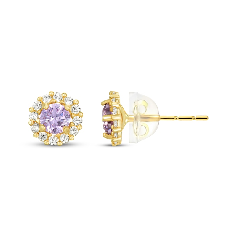 Main Image 1 of Children's Purple & White Cubic Zirconia Halo Stud Earrings 14K Yellow Gold