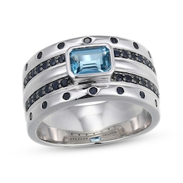 Men's Emerald-Cut London Blue Topaz & Black Lab-Created Sapphire Ring Sterling Silver