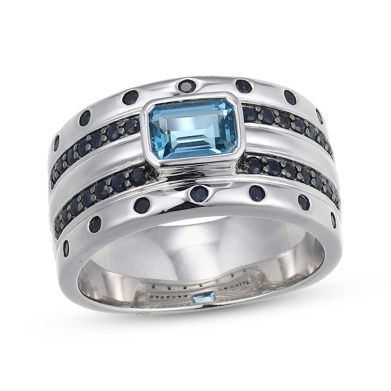 Main Image 1 of Men's Emerald-Cut London Blue Topaz & Black Lab-Created Sapphire Ring Sterling Silver