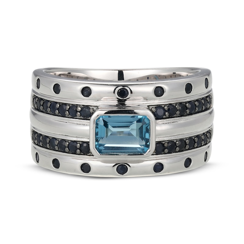 Main Image 3 of Men's Emerald-Cut London Blue Topaz & Black Lab-Created Sapphire Ring Sterling Silver