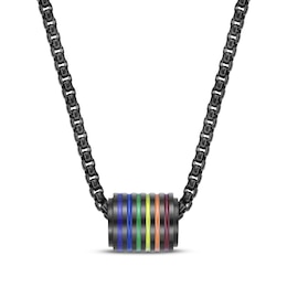 Men's Rainbow Enamel Barrel Necklace Black Ion-Plated Stainless Steel 24&quot;