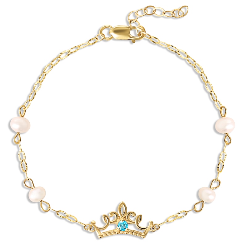 Main Image 1 of Children's Blue Cubic Zirconia & Cultured Pearl Crown Bracelet 14K Yellow Gold 6&quot;