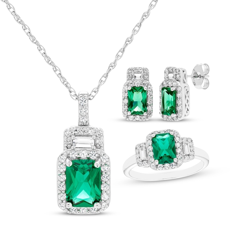 Main Image 1 of Emerald-Cut Lab-Created Emerald, Baguette & Round-Cut White Lab-Created Sapphire Gift Set Sterling Silver