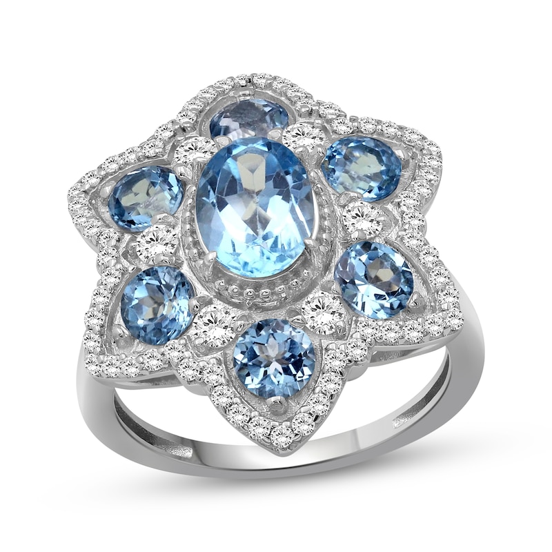 Main Image 1 of Oval-Cut Swiss Blue Topaz & White Lab-Created Sapphire Statement Ring Sterling Silver