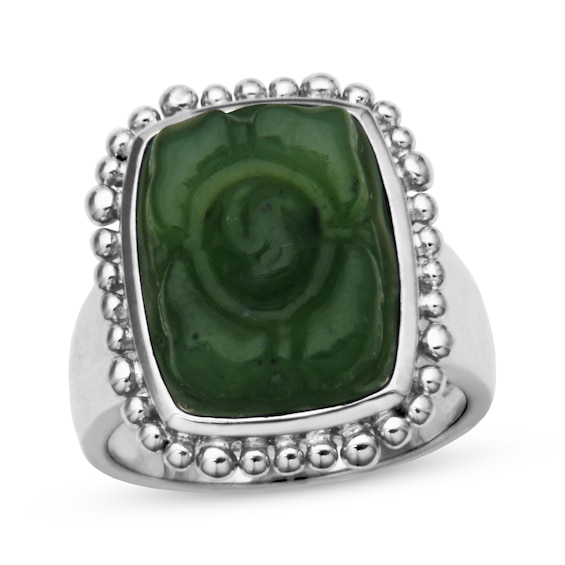 Cushion-Shaped Nephrite Jade Flower Ring Sterling Silver