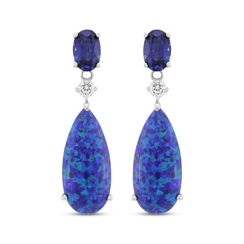 Main Image 2 of Pear-Shaped Black Lab-Created Opal, Blue & White Lab-Created Sapphire Drop Earrings Sterling Silver