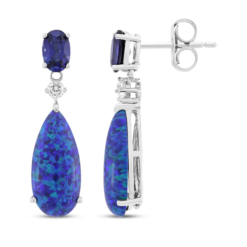 Main Image 3 of Pear-Shaped Black Lab-Created Opal, Blue & White Lab-Created Sapphire Drop Earrings Sterling Silver