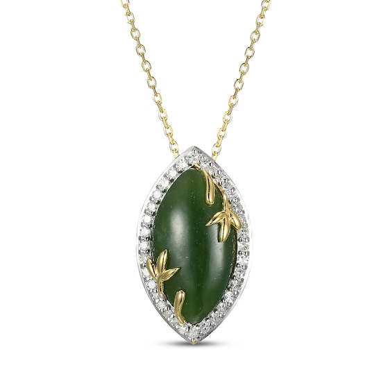 Marquise-Cut Nephrite Jade & Diamond Necklace 1/4 ct tw 14K Yellow Gold 18"