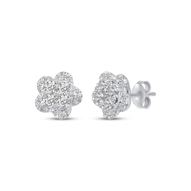 Multi-Diamond Flower Stud Earrings 1/2 ct tw 14K White Gold