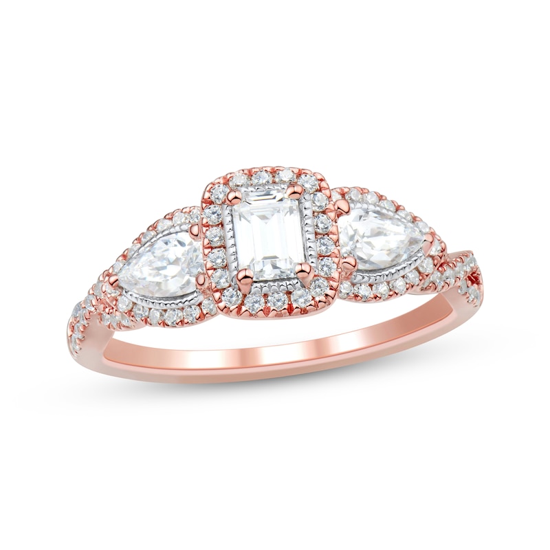 Main Image 1 of Emerald-Cut & Pear-Shaped Diamond Three-Stone Engagement Ring 1 ct tw 14K Rose Gold