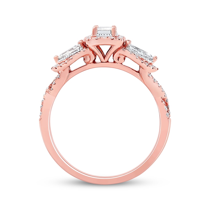 Main Image 3 of Emerald-Cut & Pear-Shaped Diamond Three-Stone Engagement Ring 1 ct tw 14K Rose Gold