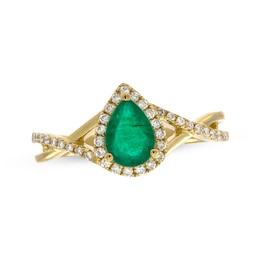 Pear-Shaped Emerald & Diamond Halo Ring 1/5 ct tw 10K Yellow Gold