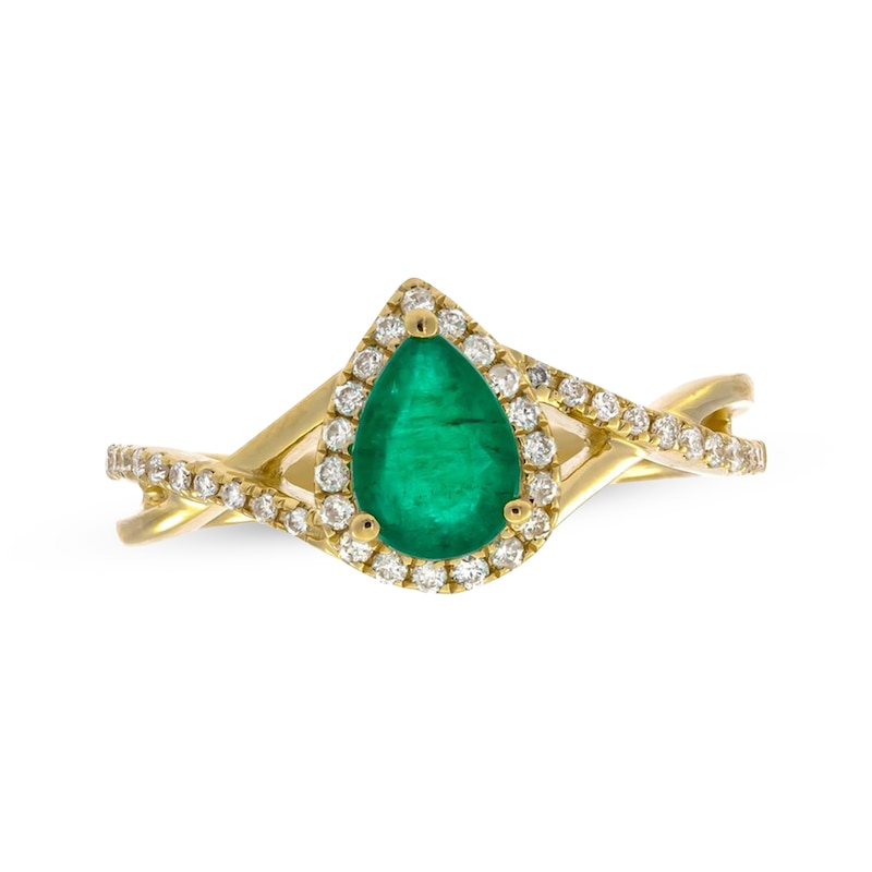 Main Image 1 of Pear-Shaped Emerald & Diamond Halo Ring 1/5 ct tw 10K Yellow Gold