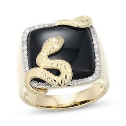 Men's Cushion-Cut Black Onyx & Diamond Snake Ring 1/4 ct tw 10K Yellow Gold