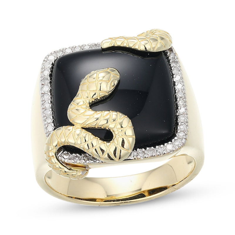 Main Image 1 of Men's Cushion-Cut Black Onyx & Diamond Snake Ring 1/4 ct tw 10K Yellow Gold