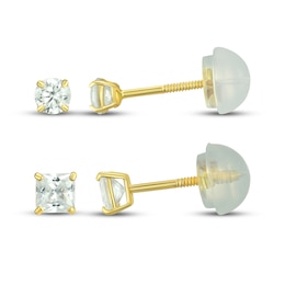 Children's Cubic Zirconia Round & Princess-Cut Solitaire Stud Earrings Set 14K Yellow Gold