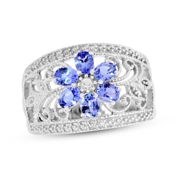 Oval-Cut Tanzanite Flower Ring Sterling Silver