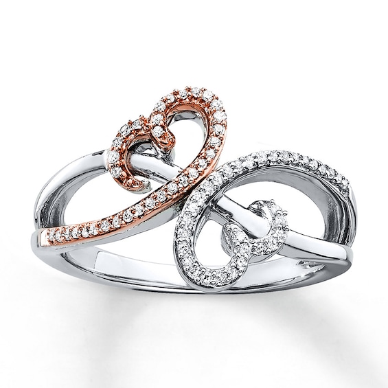 Open Hearts Ring 1/6 ct tw Diamonds Sterling Silver & 10K Rose Gold