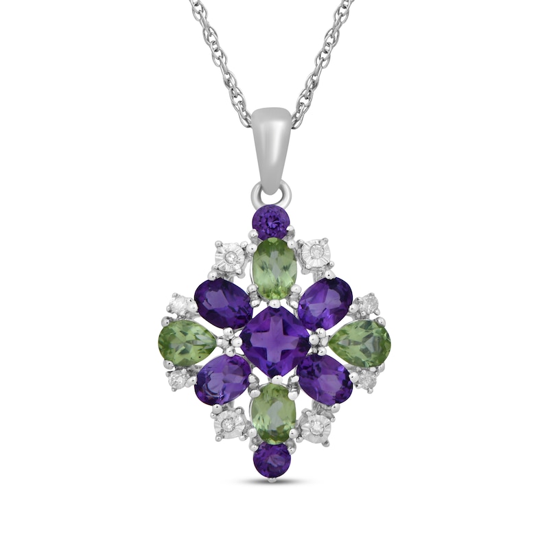 Main Image 1 of Multi-Shape Amethyst, Peridot & Diamond Necklace 1/15 ct tw Sterling Silver 18&quot;