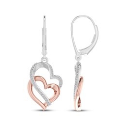 Diamond Double Heart Drop Earrings 1/6 ct tw Sterling Silver & 10K Rose Gold