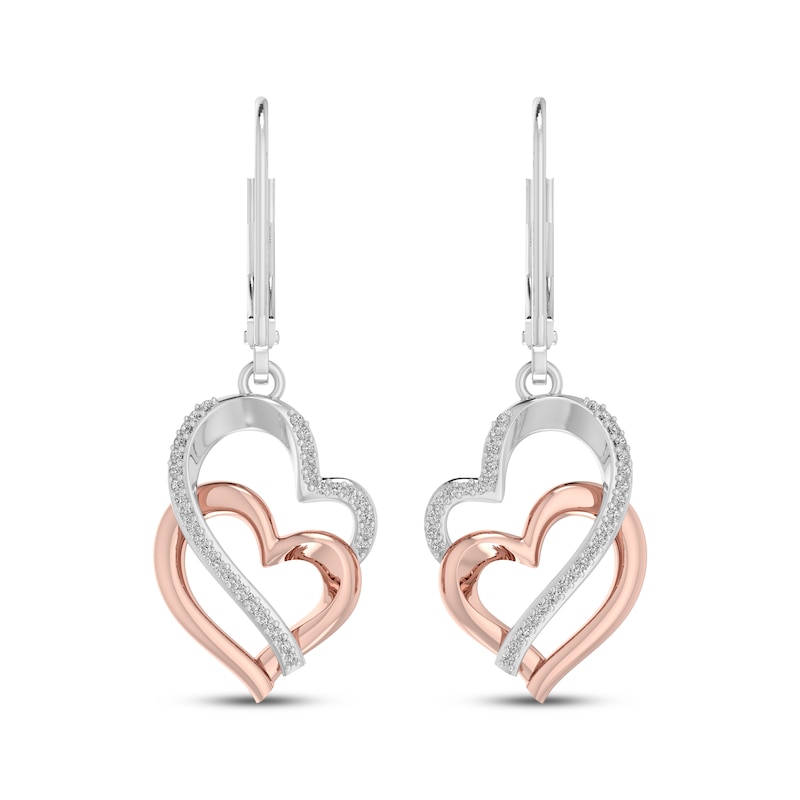 Main Image 2 of Diamond Double Heart Drop Earrings 1/6 ct tw Sterling Silver & 10K Rose Gold