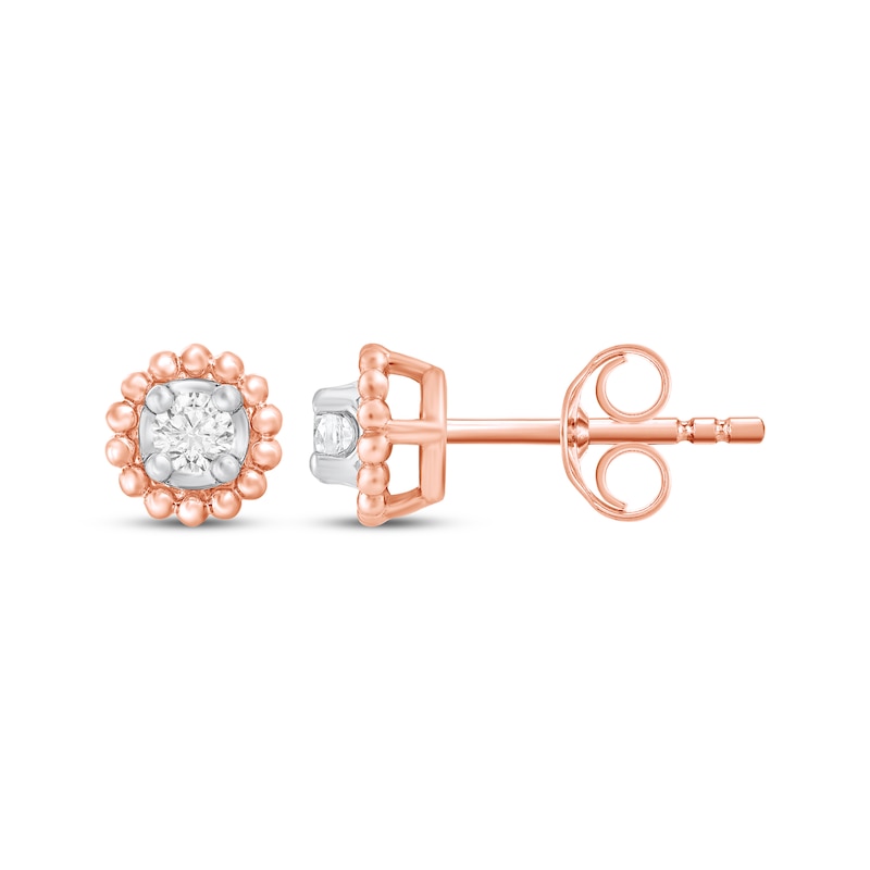 Main Image 3 of Round-Cut Diamond Solitaire Beaded Halo Stud Earrings 1/10 ct tw 10K Rose Gold (I/I3)