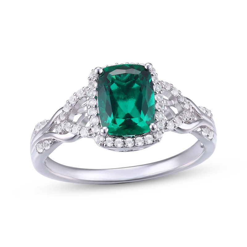 Main Image 1 of Cushion-Cut Lab-Created Emerald & White Lab-Created Sapphire Ring Sterling Silver