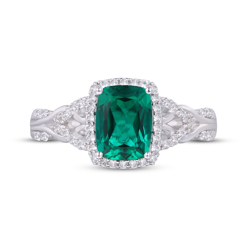 Main Image 3 of Cushion-Cut Lab-Created Emerald & White Lab-Created Sapphire Ring Sterling Silver