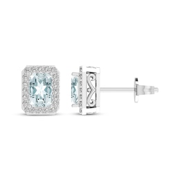 Octagon-Cut Aquamarine & White Lab-Created Sapphire Stud Earrings Sterling Silver