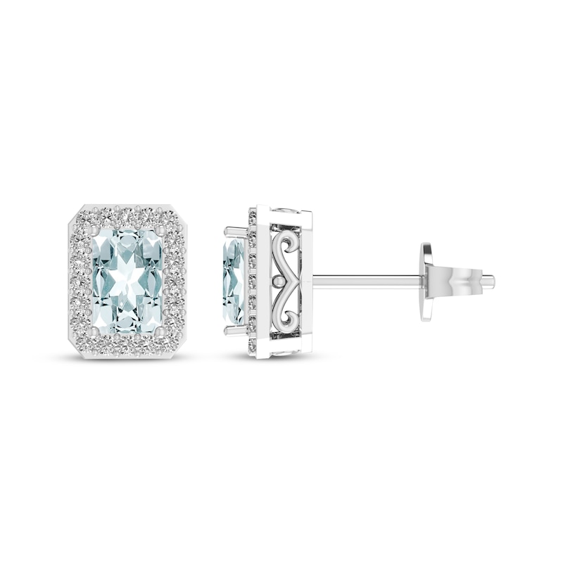 Main Image 1 of Octagon-Cut Aquamarine & White Lab-Created Sapphire Stud Earrings Sterling Silver