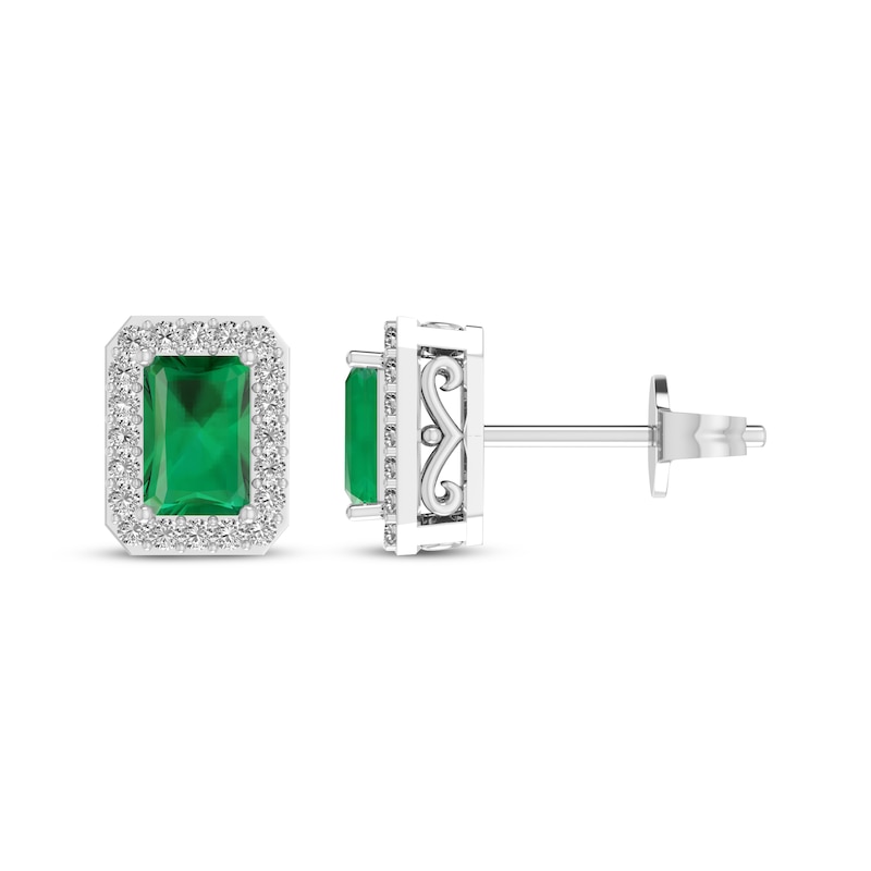 Main Image 1 of Octagon-Cut Lab-Created Emerald & White Lab-Created Sapphire Stud Earrings Sterling Silver