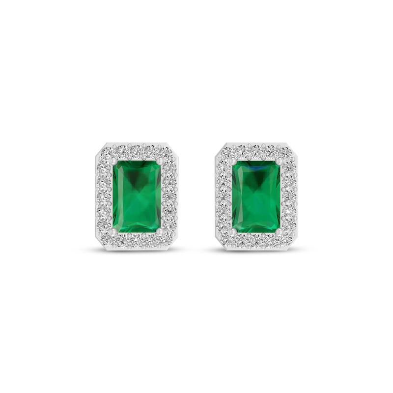 Main Image 2 of Octagon-Cut Lab-Created Emerald & White Lab-Created Sapphire Stud Earrings Sterling Silver