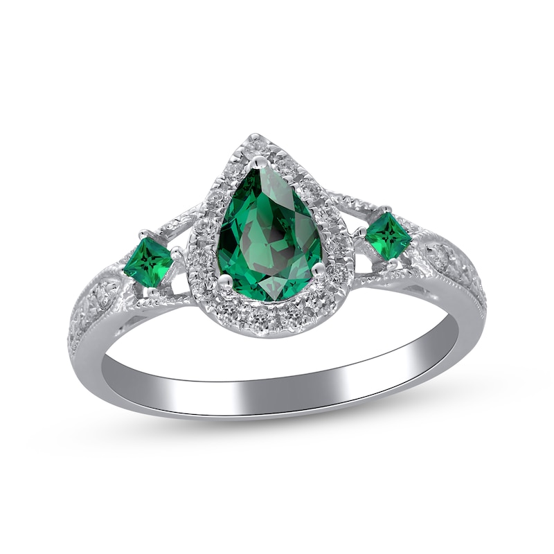 Main Image 1 of Cirari Couture Pear-Shaped Natural Emerald & Diamond Halo Ring 1/5 ct tw 14K White Gold